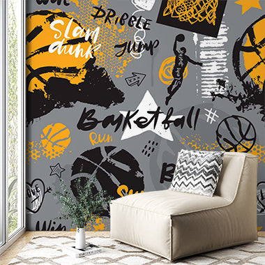 Dynamic Basketball Graffiti Wall Mural - Sport-Themed Street Art Design