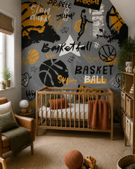 Basketball graffiti wallpaper in a modern nursery with a crib.