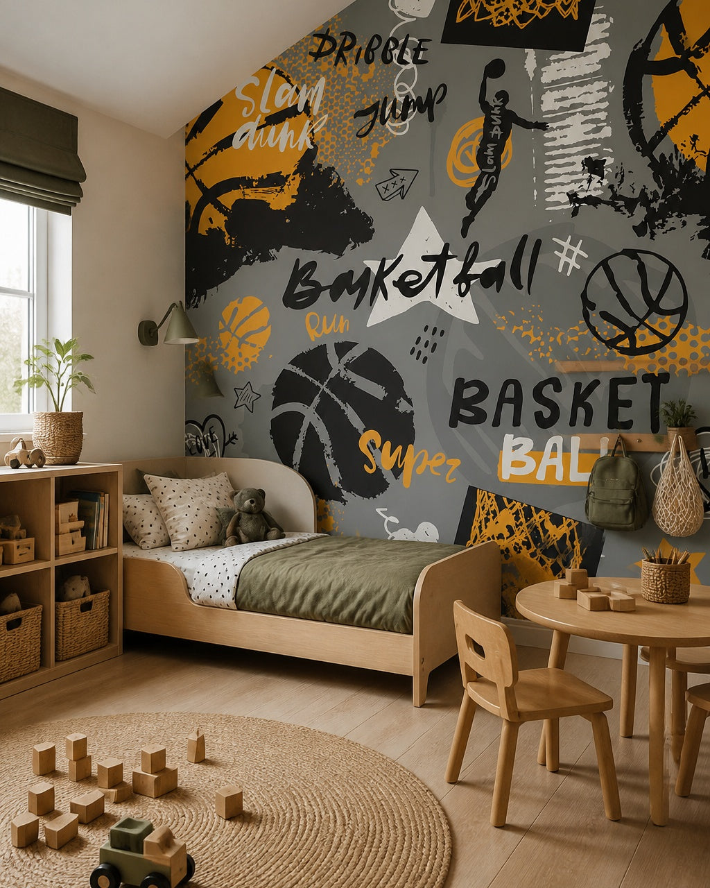 Basketball graffiti wallpaper in a toddler bedroom with a child-sized bed.