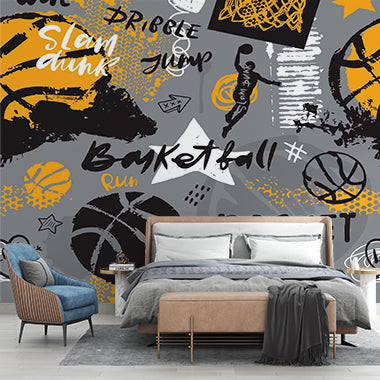 Dynamic Basketball Graffiti Wall Mural - Sport-Themed Street Art Design