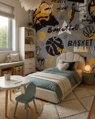 Basketball graffiti wallpaper in a girl’s bedroom.