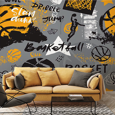 Dynamic Basketball Graffiti Wall Mural - Sport-Themed Street Art Design