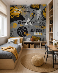 Basketball graffiti wallpaper in a boy’s bedroom.