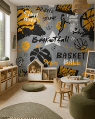 Basketball graffiti wallpaper in a children’s playroom.