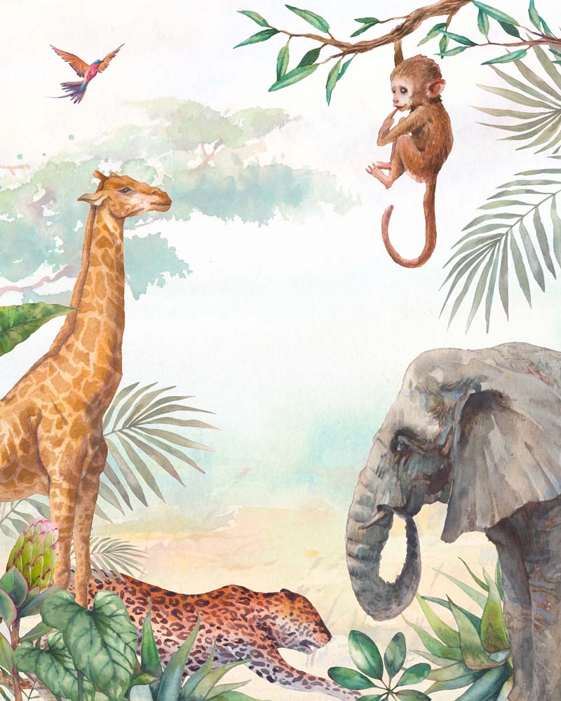 Kids Wall Mural Safari Animal Elephant Giraffe Tropical Nursery Wallpaper