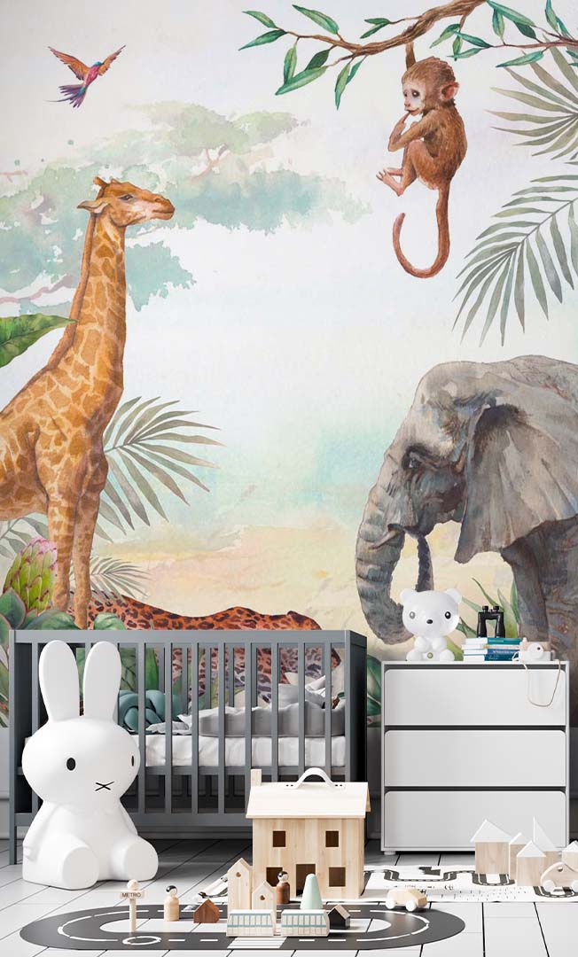 Kids Wall Mural Safari Animal Elephant Giraffe Tropical Nursery Wallpaper