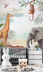 Custom Kids Wall Mural Safari Animal Elephant Giraffe Tropical Nursery Wallpaper