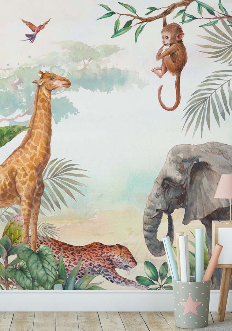 Kids Wall Mural Safari Animal Elephant Giraffe Tropical Nursery Wallpaper