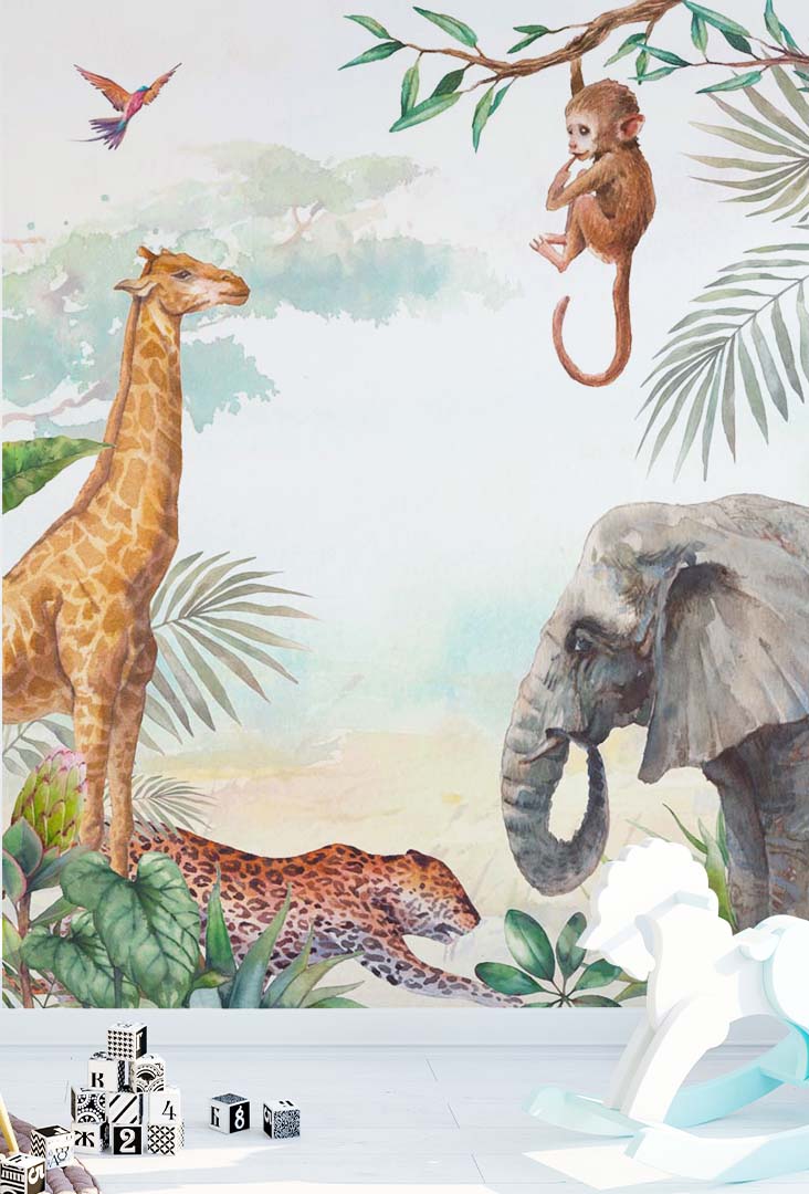 Kids Wall Mural Safari Animal Elephant Giraffe Tropical Nursery Wallpaper