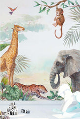 Custom Kids Wall Mural Safari Animal Elephant Giraffe Tropical Nursery Wallpaper