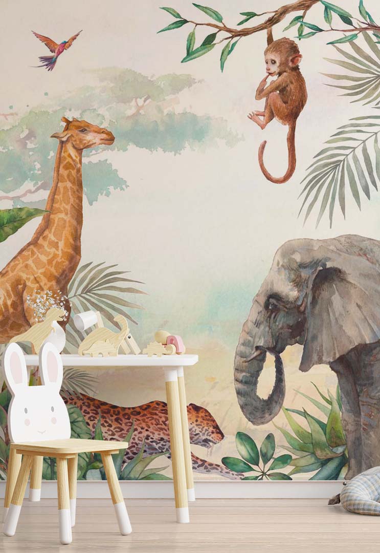 Kids Wall Mural Safari Animal Elephant Giraffe Tropical Nursery Wallpaper