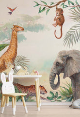 Custom Kids Wall Mural Safari Animal Elephant Giraffe Tropical Nursery Wallpaper