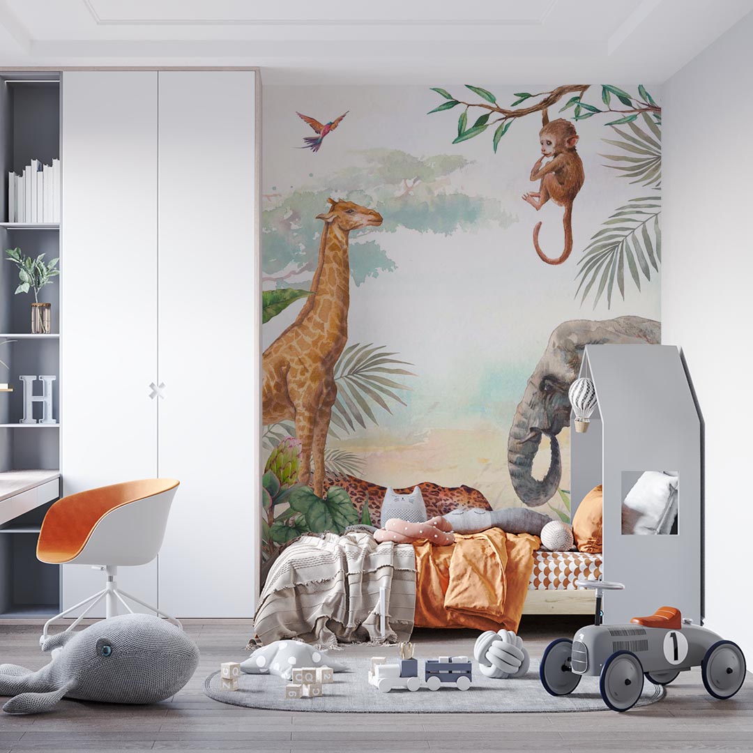 Kids Wall Mural Safari Animal Elephant Giraffe Tropical Nursery Wallpaper