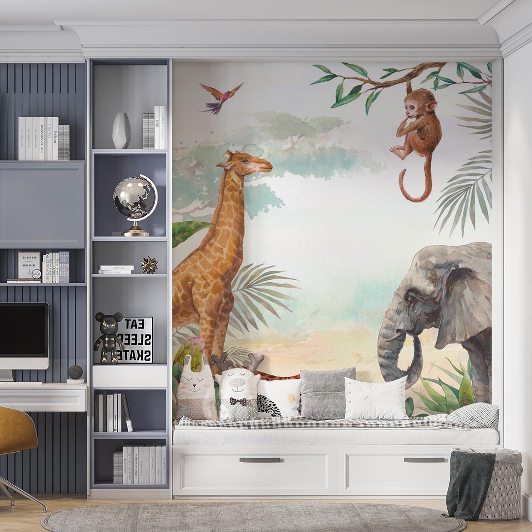 Kids Wall Mural Safari Animal Elephant Giraffe Tropical Nursery Wallpaper