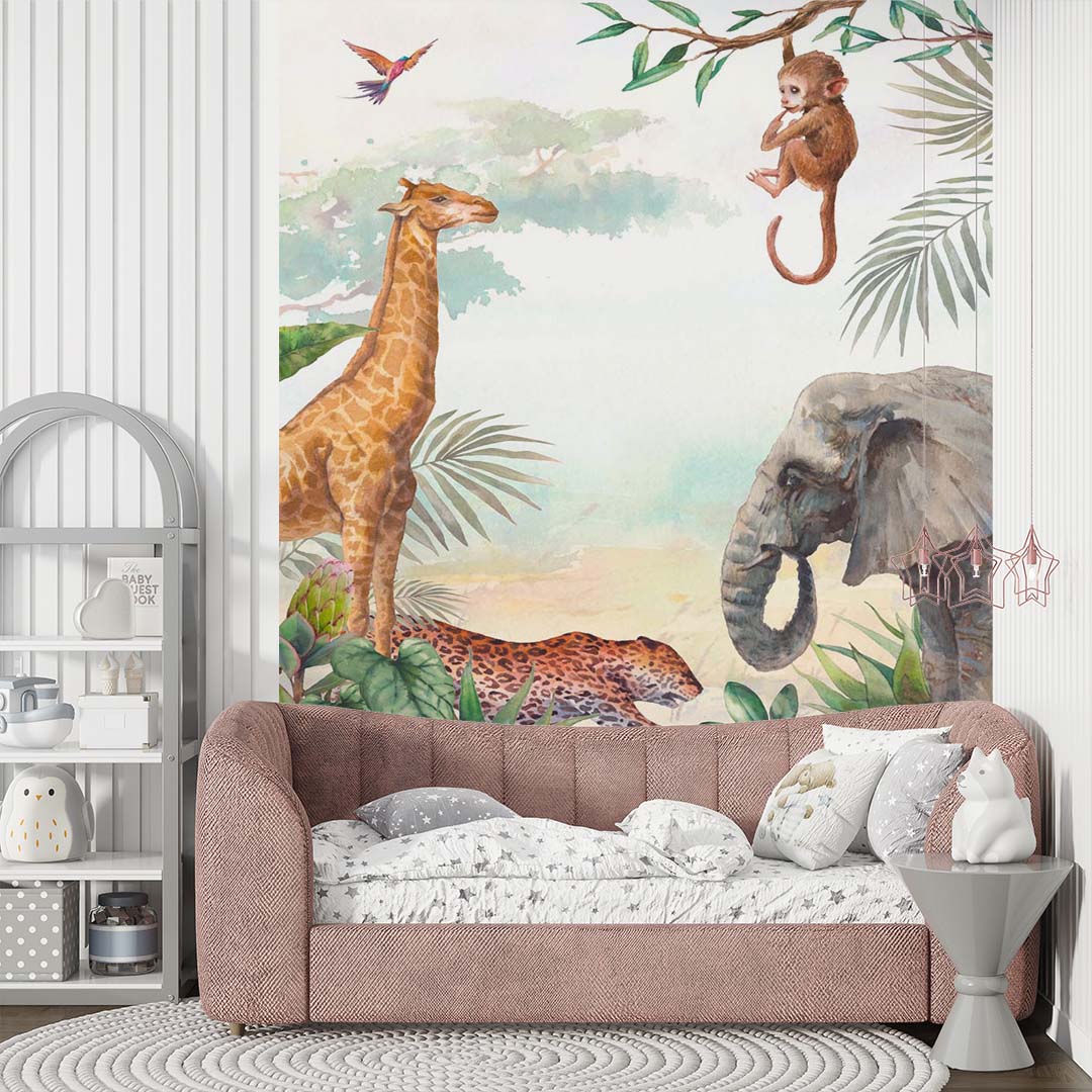 Kids Wall Mural Safari Animal Elephant Giraffe Tropical Nursery Wallpaper