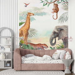 Custom Kids Wall Mural Safari Animal Elephant Giraffe Tropical Nursery Wallpaper