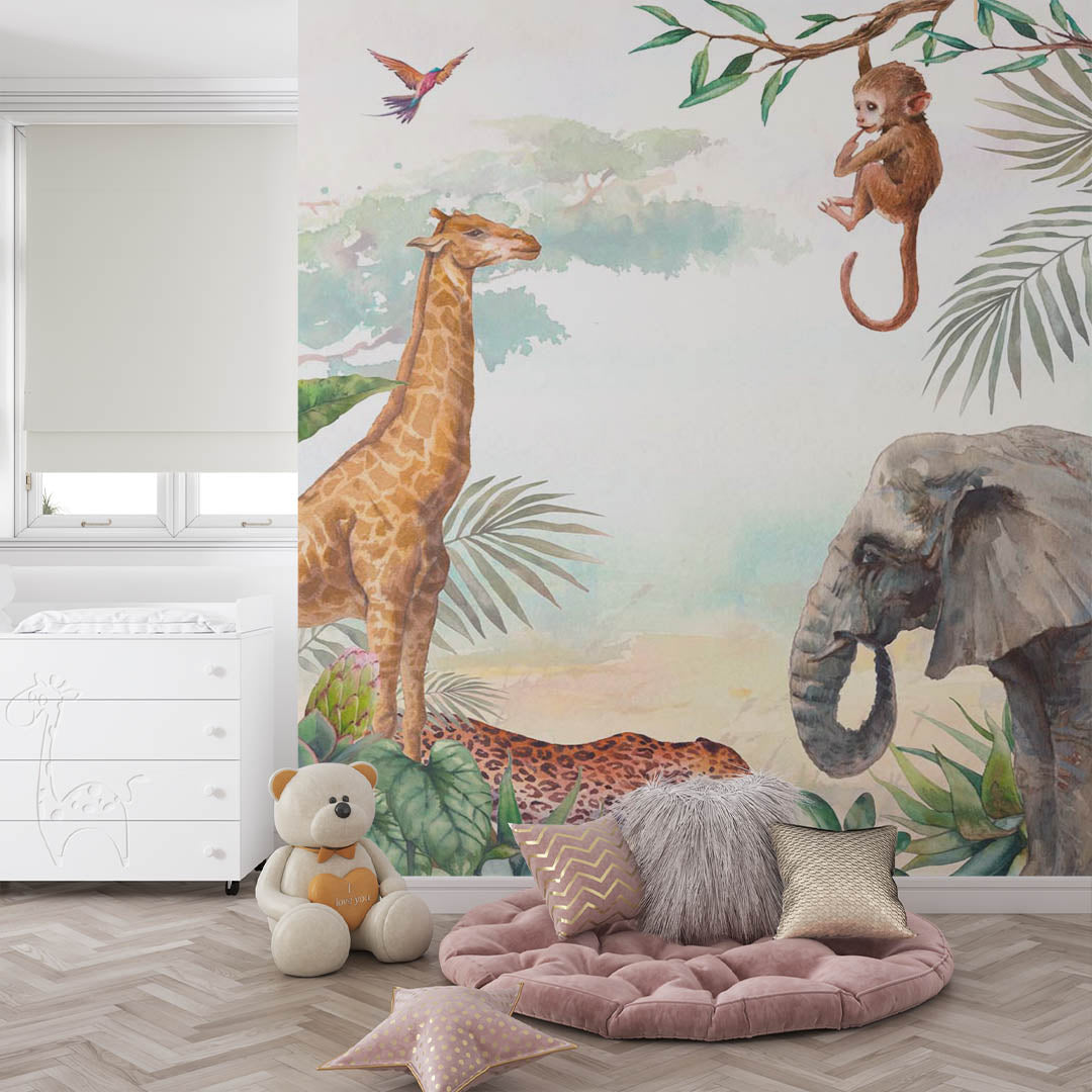 Kids Wall Mural Safari Animal Elephant Giraffe Tropical Nursery Wallpaper