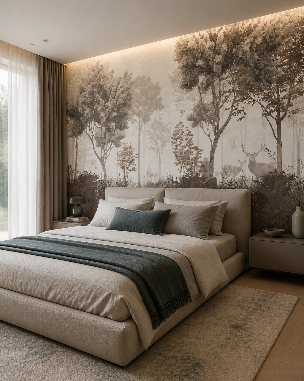 Sepia woodland with deer wallpaper in a designer bedroom.
