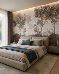 Sepia woodland with deer wallpaper in a designer bedroom.