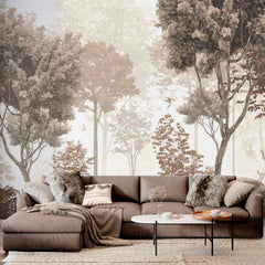 Custom Sepia Woodland Scene Wall Mural Wallpaper - Misty Forest with Deer in Soft Tones