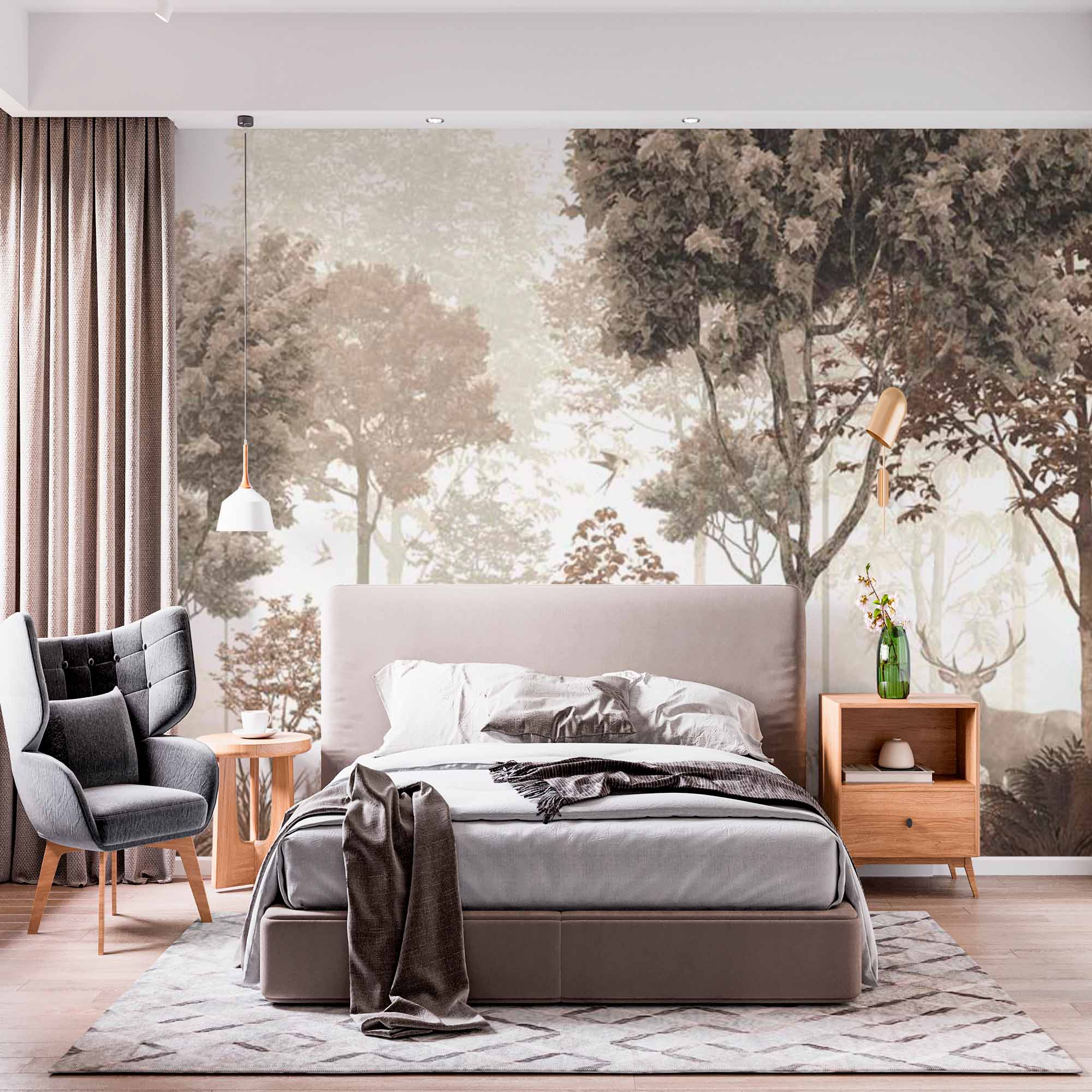 Sepia Woodland Scene Wall Mural Wallpaper - Misty Forest with Deer in Soft Tones