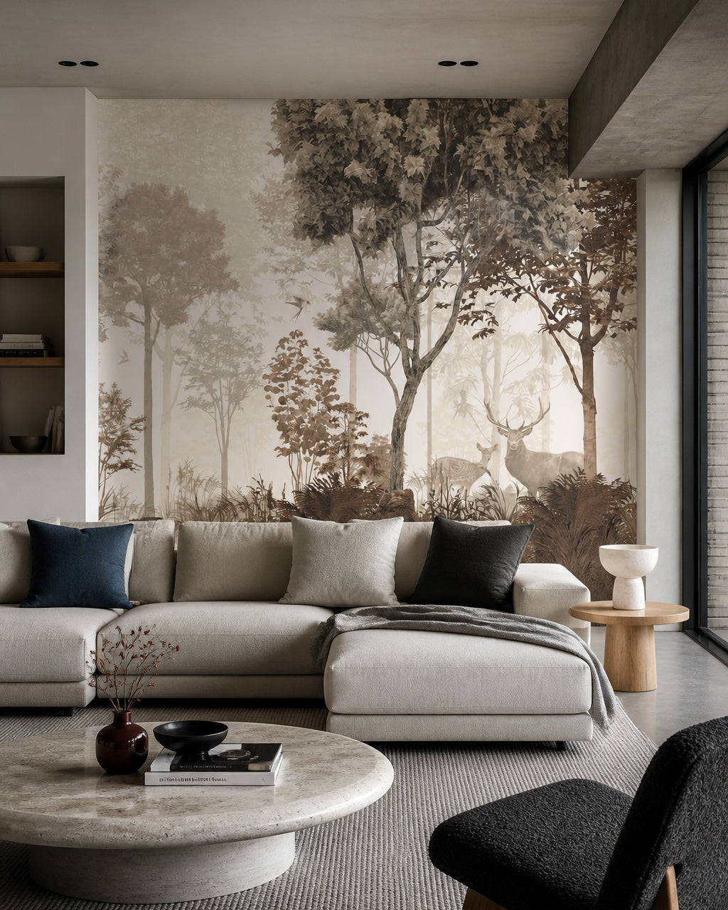 Sepia woodland with deer wallpaper in a designer living room.