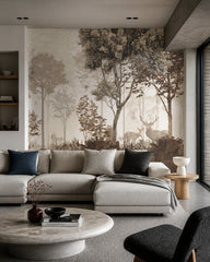 Sepia woodland with deer wallpaper in a designer living room.