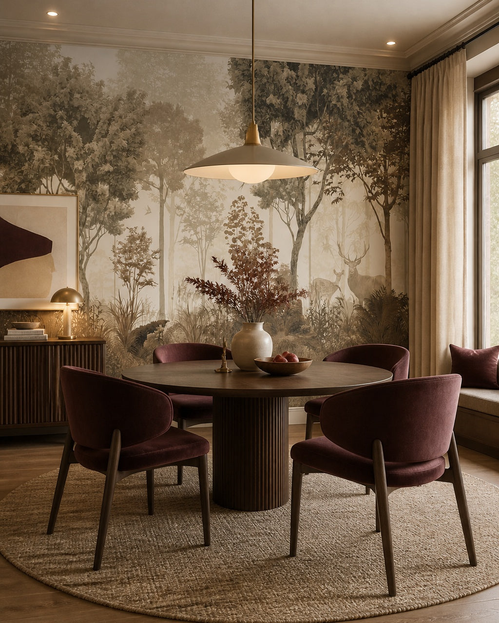 Sepia woodland with deer wallpaper in a refined dining area.