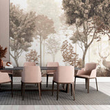 Sepia Woodland Scene Wall Mural Wallpaper - Misty Forest with Deer in Soft Tones