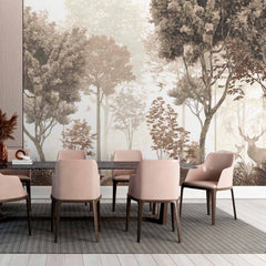 Custom Sepia Woodland Scene Wall Mural Wallpaper - Misty Forest with Deer in Soft Tones