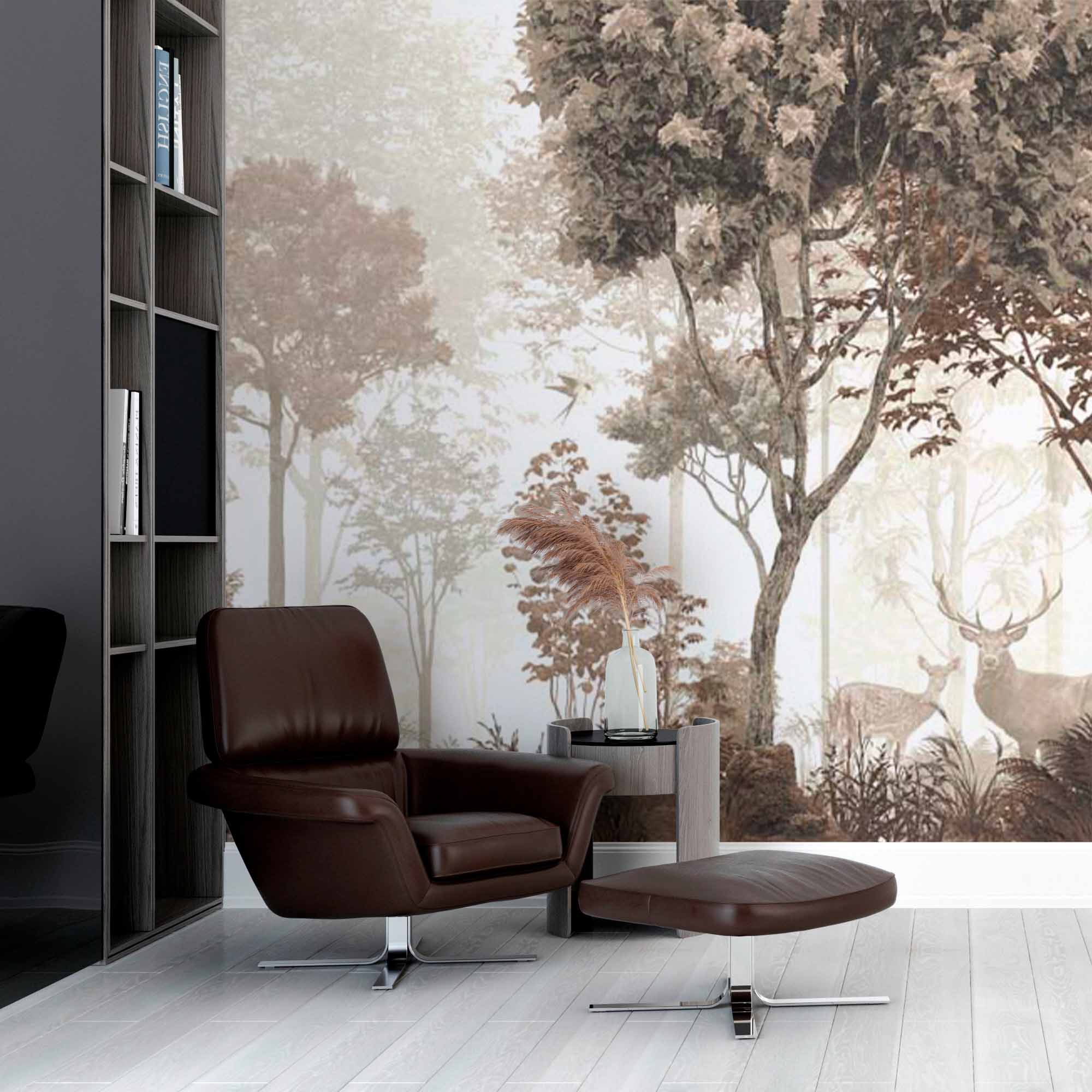 Sepia Woodland Scene Wall Mural Wallpaper - Misty Forest with Deer in Soft Tones