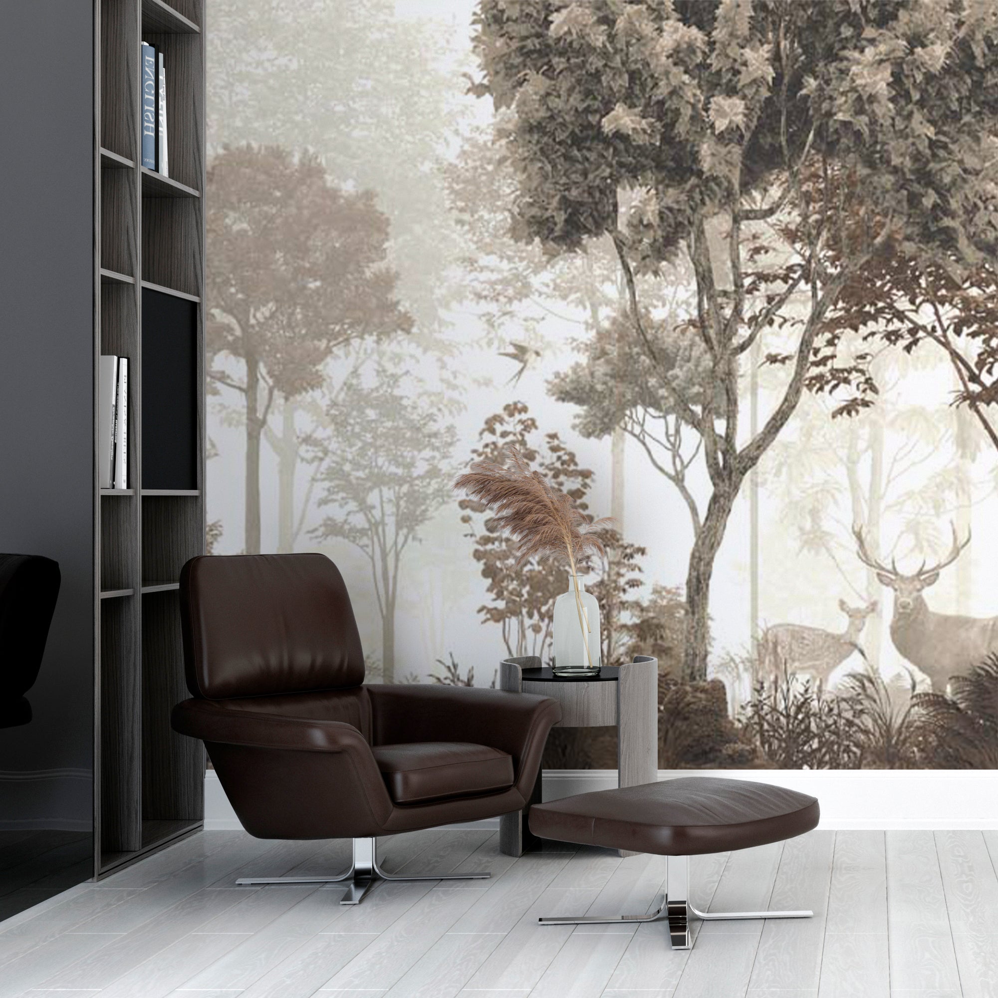 Sepia Woodland Scene Wall Mural Wallpaper - Misty Forest with Deer in Soft Tones