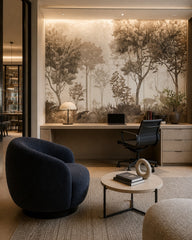 Sepia woodland with deer wallpaper in a creative office lounge.