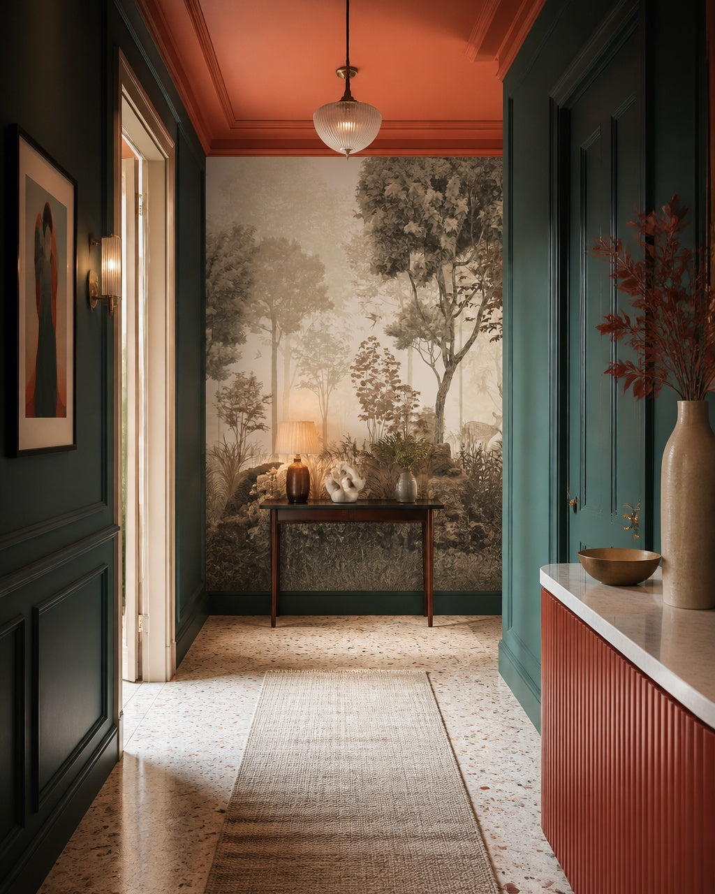 Sepia woodland with deer wallpaper in an architectural hallway.