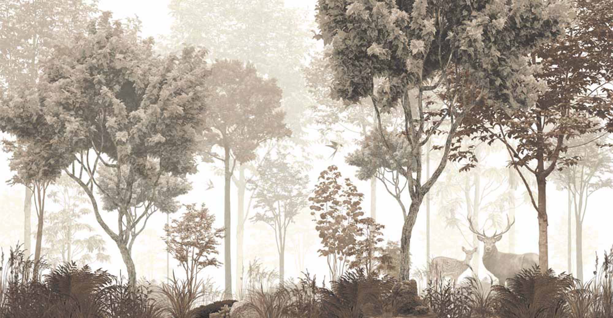 Sepia Woodland Scene Wall Mural Wallpaper - Misty Forest with Deer in Soft Tones