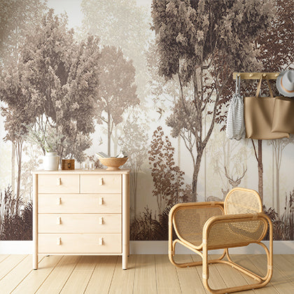 Sepia Forest Scene with Deer Wall Mural Wallpaper