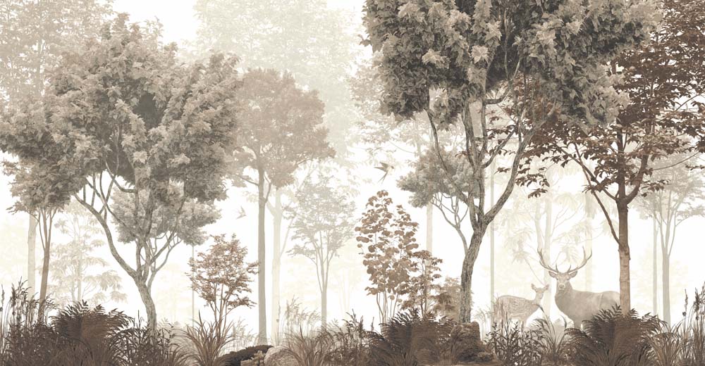 Fototapete Sepia-Wald mit Hirschen – Nebelwald