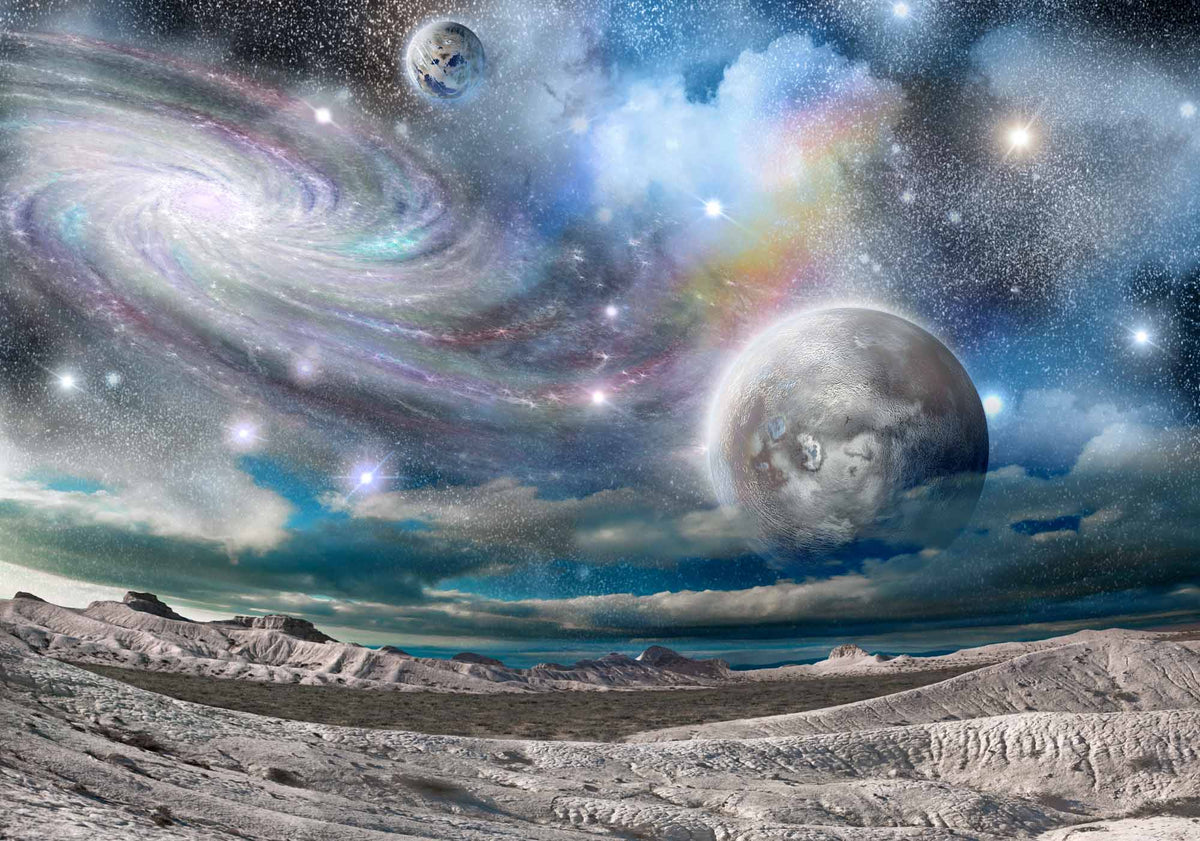 Papier peint paysage cosmique – Papier peint panoramique galaxie et planètes au-dessus d’une surface lunaire