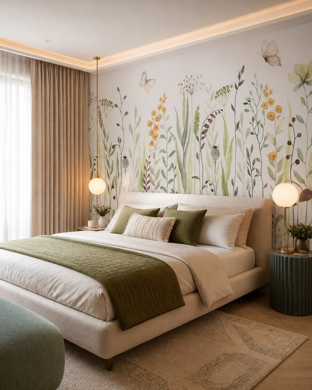 Watercolor wildflowers wallpaper in a designer bedroom.