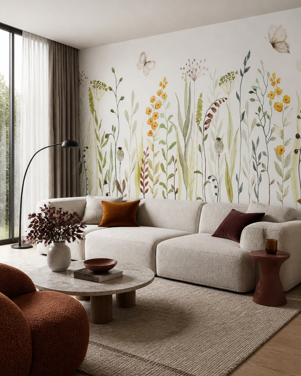 Watercolor wildflowers wallpaper in a designer living room.