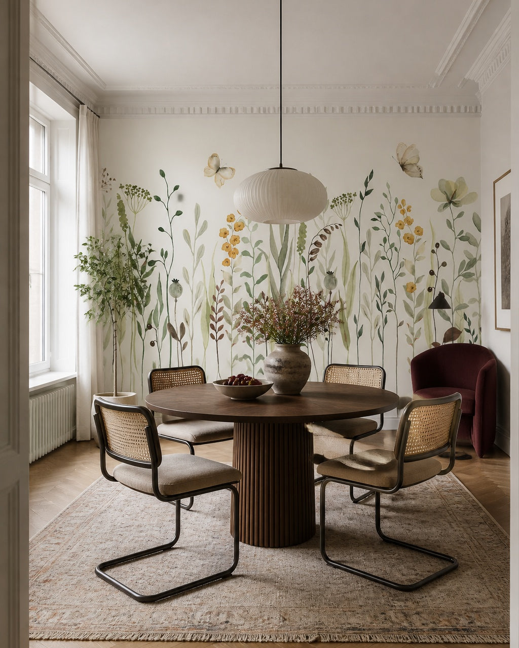 Watercolor wildflowers wallpaper in a refined dining area.
