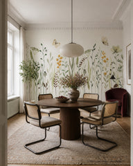 Watercolor wildflowers wallpaper in a refined dining area.