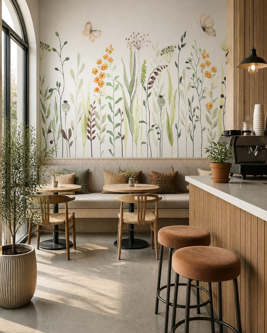 Watercolor wildflowers wallpaper in a specialty coffee shop.
