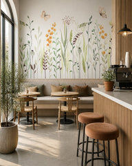 Watercolor wildflowers wallpaper in a specialty coffee shop.