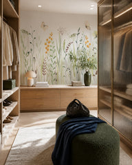 Watercolor wildflowers wallpaper in a walk-in wardrobe.