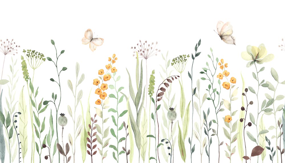 Aquarelbehang met wilde bloemen – bloemenweide en vlinders