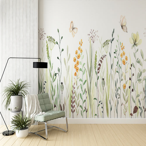 Watercolor Wildflowers and Butterflies Wall Mural - Nature-Inspired Botanical Wallpaper