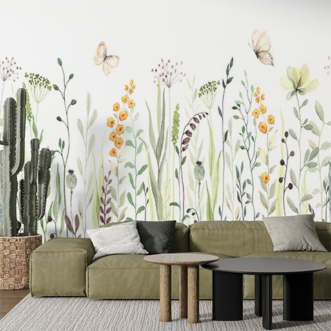 Watercolor Wildflowers and Butterflies Wall Mural - Nature-Inspired Botanical Wallpaper