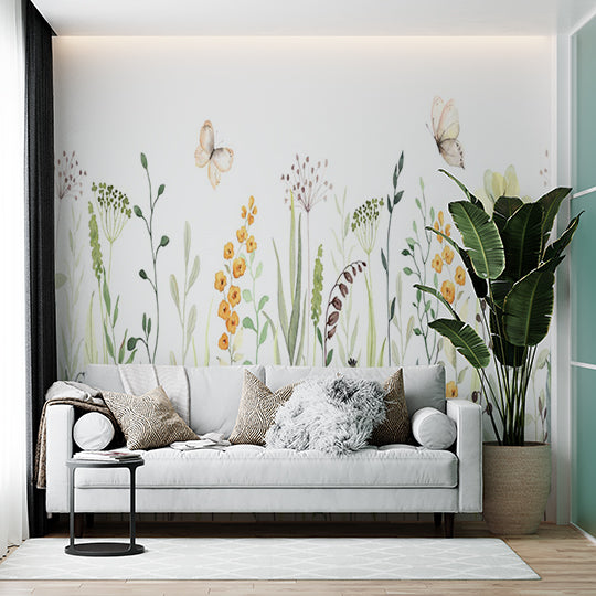 Watercolor Wildflowers and Butterflies Wall Mural - Nature-Inspired Botanical Wallpaper