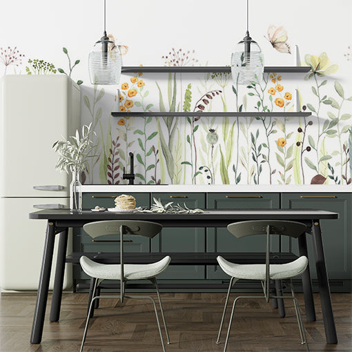 Custom Watercolor Wildflowers and Butterflies Wall Mural - Nature-Inspired Botanical Wallpaper